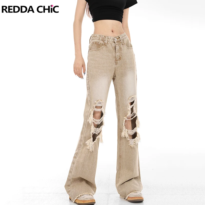 

ReddaChic Cowgirl Khaki Bootcut Pants for Women Y2k High Rise Ripped Holes Bell Bottoms 90s Retro Skater Destroyed Flare Jeans