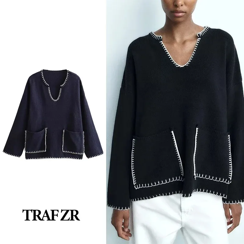 

TRAF ZR V-neck Pullover Autumn Clothing New Knit Oversize Sweater Y 2k Top Long Sleeve Women's Warm Sweaters Winter Clothes