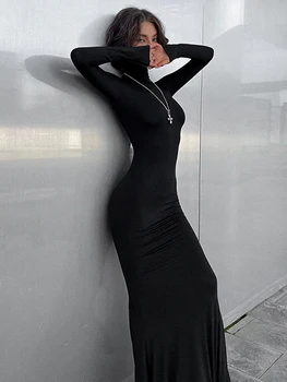 Huhugirl Elegant Dresses For Women Fashion Sexy Solid Turtleneck Full Sleeves Sheath Long Vestidos Robes Female Party Regular 1