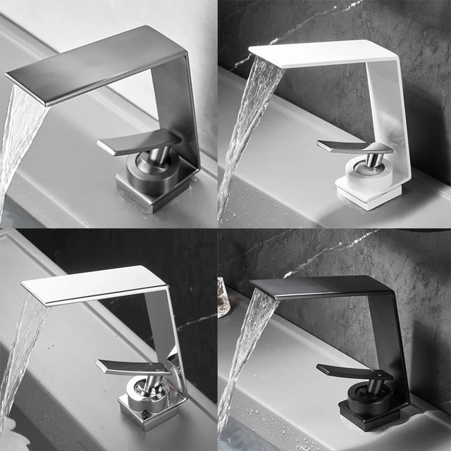 ห้องน้ําน้ําตกอ่างล้างหน้าก๊อกน้ําสีดําก๊อกน้ําทองเหลืองก๊อกน้ํา Hot & Cold Water Mixer Vanity TAP Deck ติดตั้งอ่างล้างหน้าก๊อก 1