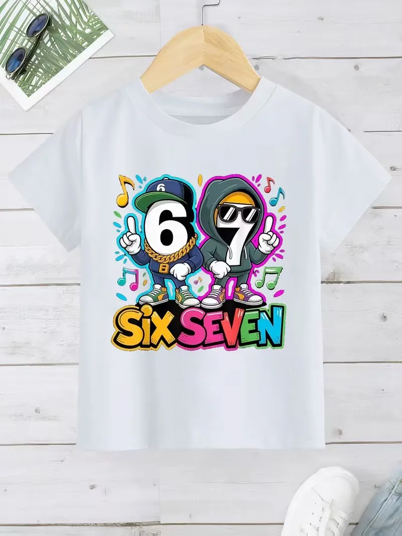 여름 패션 소년 코튼 티셔츠 브러시 SIX SEVEN 67 디지털 퍼즐 프린트 키즈 캐주얼 탑 아동용 반팔 티셔츠