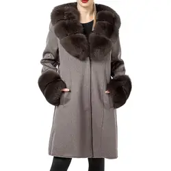 Real 100% Wool Fox Fur With Collar Coat Long Style Women Winter Outerwear 210903