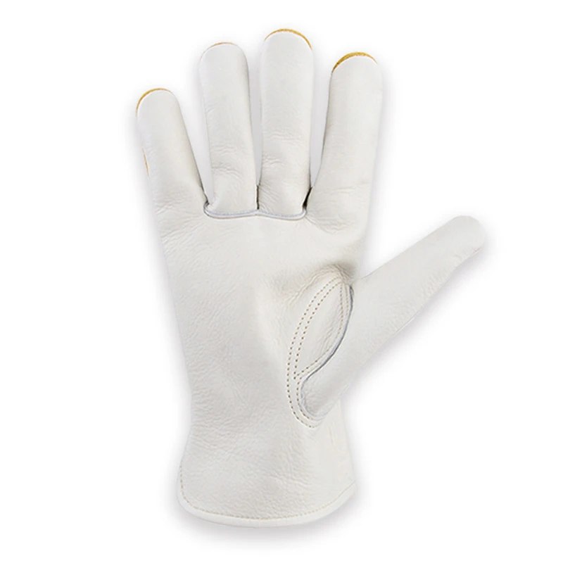 Leather Safety Work Gloves Gardening Carpenter Gloves Breathable Thorn Proof Truck Driving for Mens and Womens, White Yellow 4