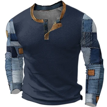 Henley Camicie Color Block Patchwork 3D stampato Primavera Autunno Moda uomo Vintage Button-Down T-shirt a maniche lunghe Uomo Tees Tops 1
