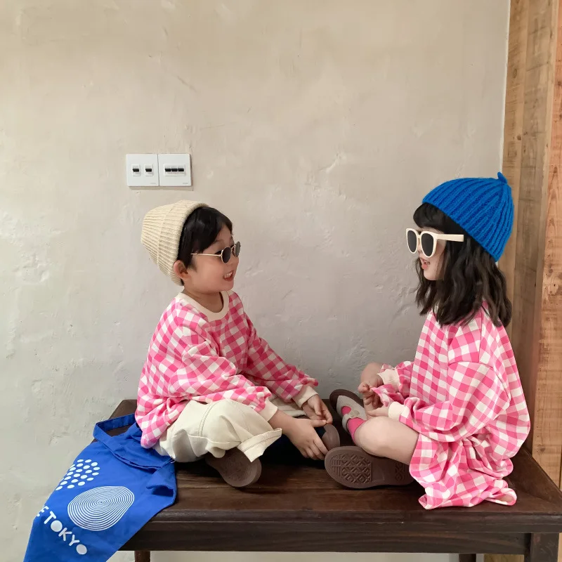 

8493 Children Clothes Brother And Sister Clothes Autumn Korean 2021 Leisure Plaid Big Lattice Girls Dress Or Boys T Shirt