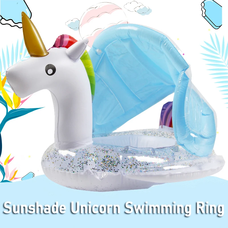 Baby Inflatable Flamingo Unicorn Swim Ring Float Seat with Awning for Swimming Pool Bathtub Infant Summer Water Game Playing Toy