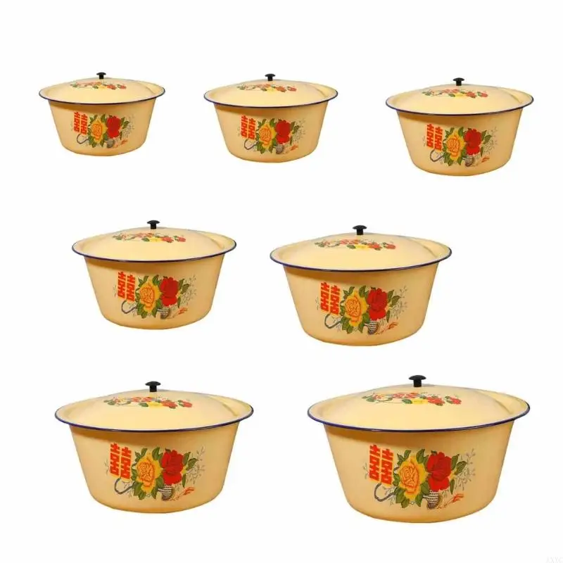 AXYC Vintage Enamel Kitchen Food Bowl with Lid Large Capacity Cake Basin for Everyday Use Household Cooking Accessories