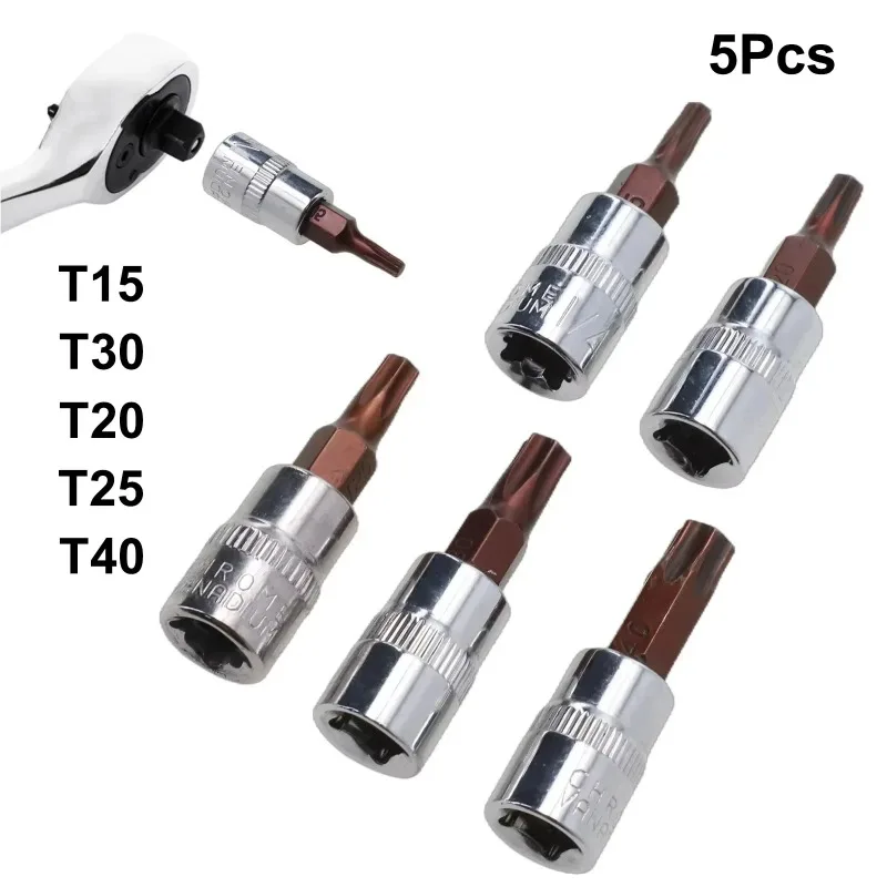 5-Piece Torx Screwdriver Bit Set - T15/T20/T25/T30/T40 1/4" Hex Shank for Socket Wrench & Hand Tool Adapter, Professional Grade