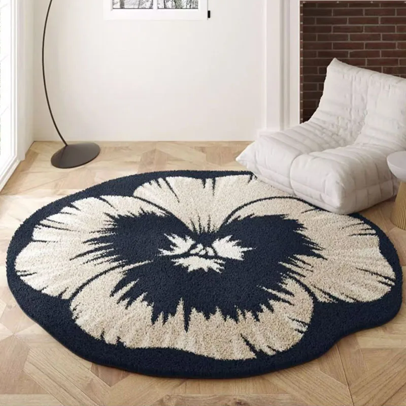 Round Living Room Carpet Coffee Table Area Rugs Fluffy And Soft Faux Wool Fluffy Lounge Rug Non-Slip Flower Pattern Retro Carpet