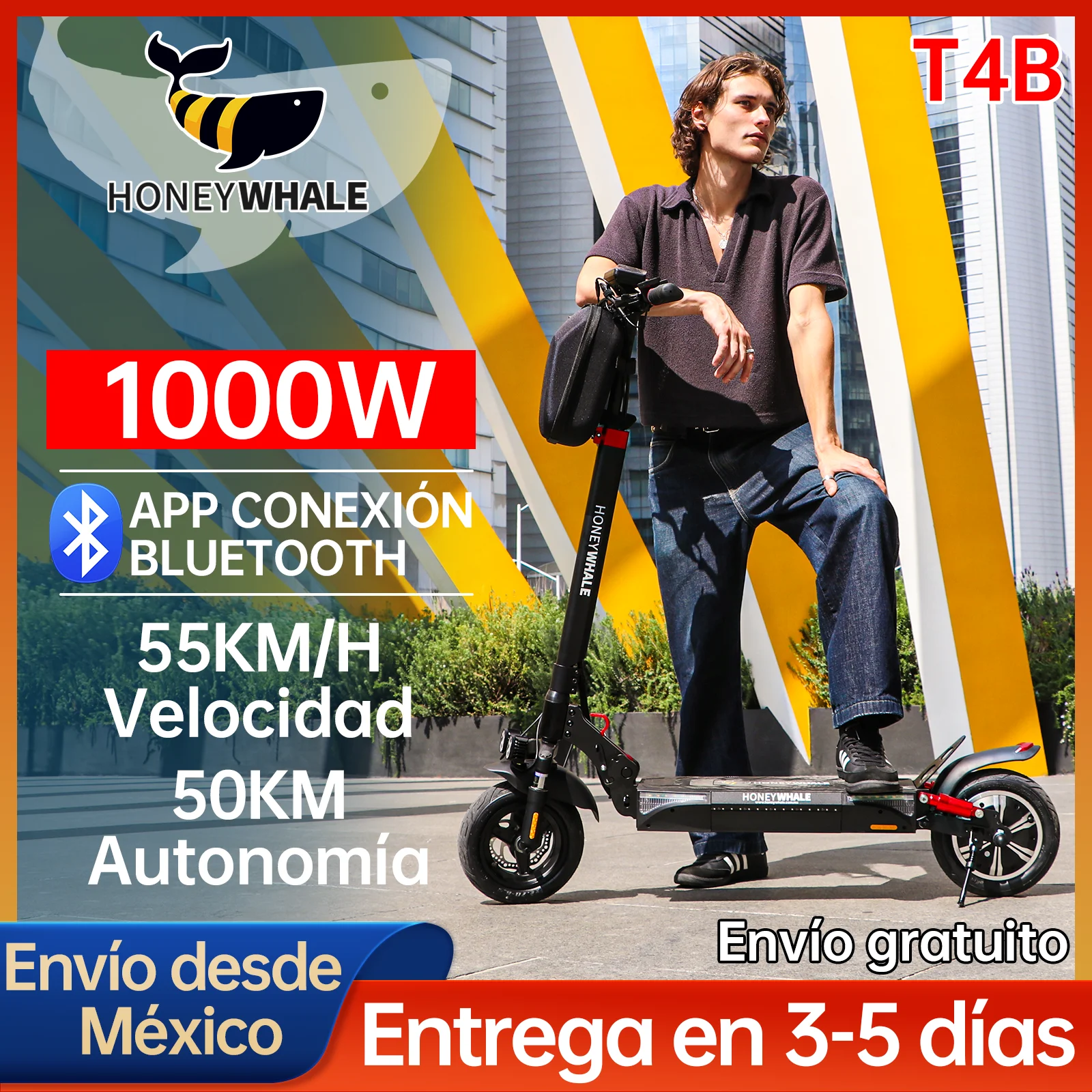 

HONEYWHALE T4B foldable electric Scooter for adults, electric Scooter with Motor up to 1000W, maximum speed 50-55 KM/H, battery capacity 13AH, range 40-45KM, 3 speeds, shipping from Mexico