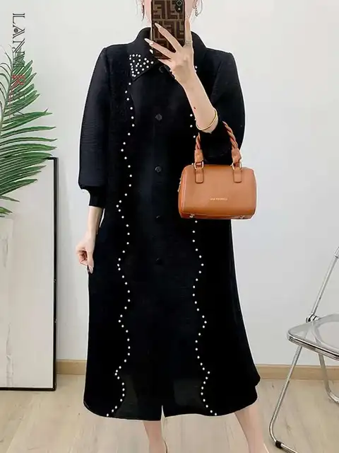 LANMREM Niche Lace Nail Beads Design Pleated Dress Women's 2025 New Lapel Single Breasted Cardigan Loose Casual Dresses 2DB2568