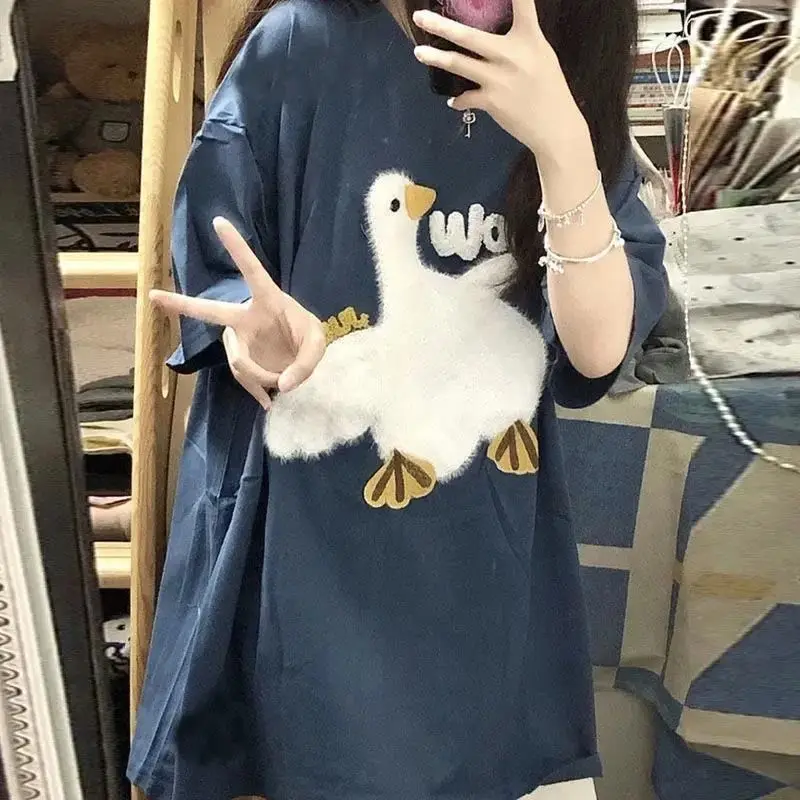 

Short sleeved T-shirt for women summer ins Hong Kong style Japanese cute ducky loose half sleeved top for students Loose Fit