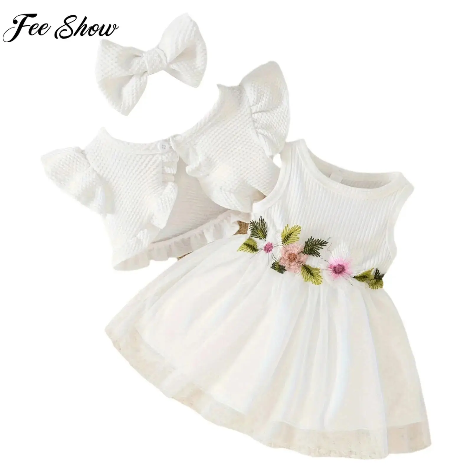 

Little Girls Elegant Cute Princess Dress Flower Knit Mesh Tutu with Coat Spring Autumn Outfit Birthday Wedding Party Costume