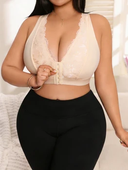 Wire-Free Plus Size Yoga Sports Bra, Wide Strap Front Buckle, Jacquard Lace, Shockproof Support Push Up Bra For Big Bust Women