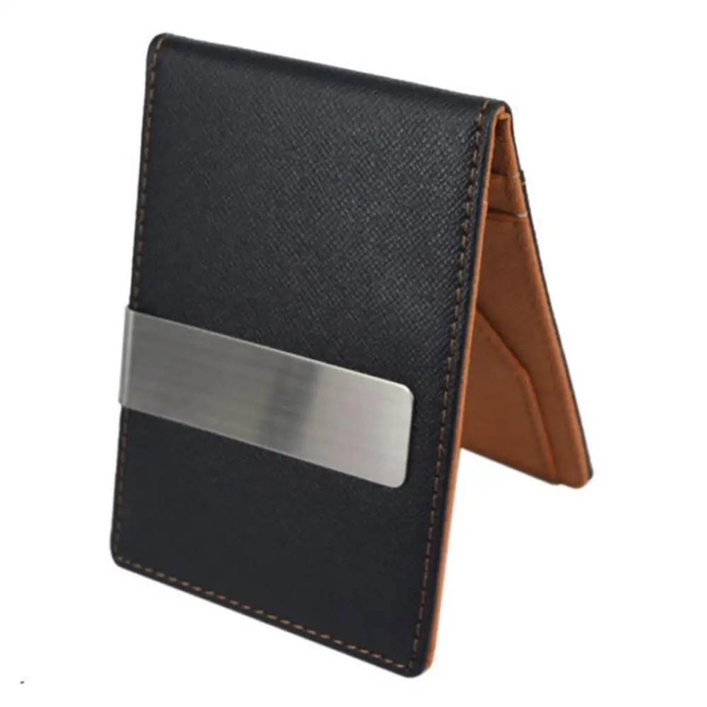 Hot Sale Fashion Solid Men's Thin Bifold Money Clip Leather Wallet with A Metal Clamp Female ID Credit Card Purse Cash Holder