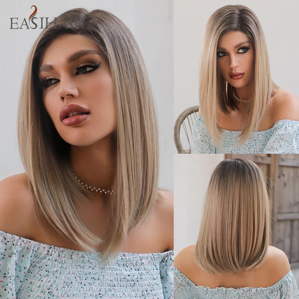 EASIHAIR Brown Ombre Lace Front Wig Synthetic Hair Wig Side Part Lace Frontal Natural Hair for Women Medium Length Wig Daily Use