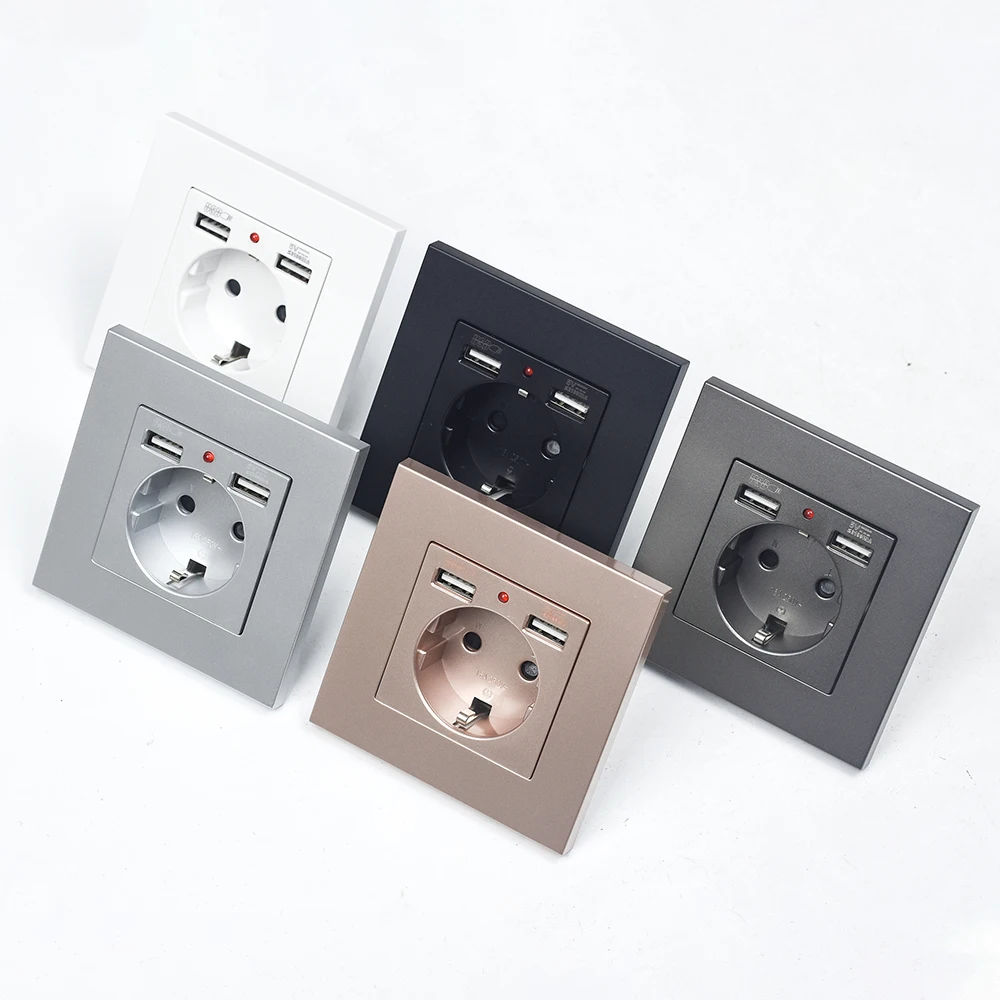 EU 전원 소켓, USB 충전 포트 및 유형 c 2.1A 16A 회색 PC 패널 86mm*86mm 러시아 스페인 벽 소켓 SRAN이 있는 소켓
