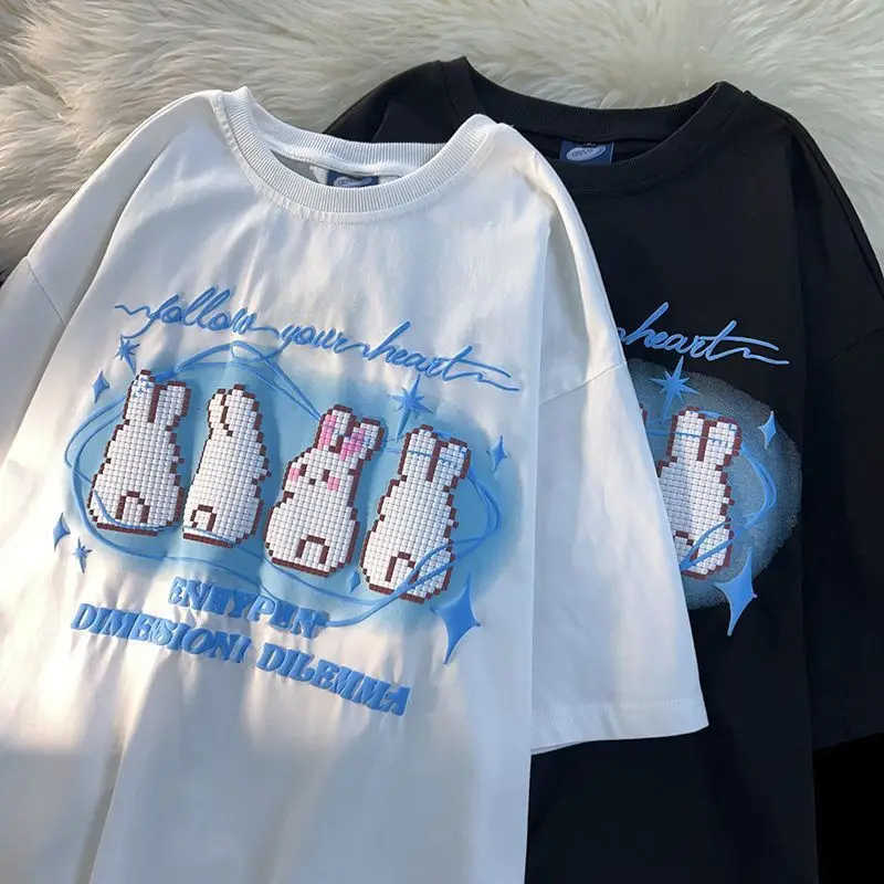 

Oversized Kawaii Rabbit Print Y2k Unif Women Harajuku Style Women's Fashion Short-Sleeved T-shirt Korean Graphic Tees Women