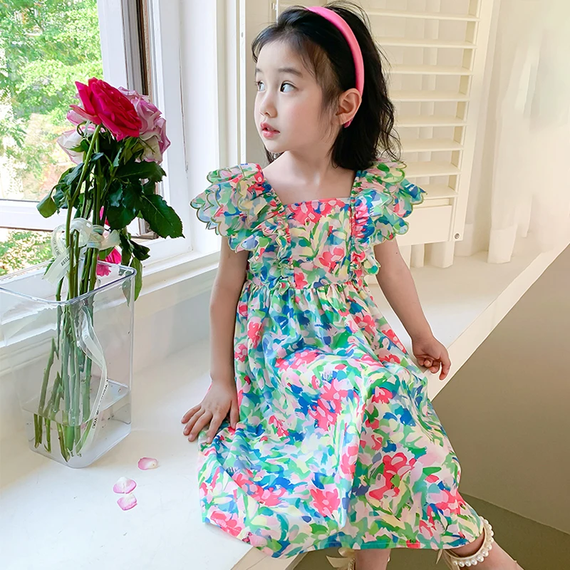 Girls Dress Summer Kid Foral Print Ruffles Square Neck Princess Style Fashion Casual Breathable Picnic Costume girls dress princess costume kids clothes