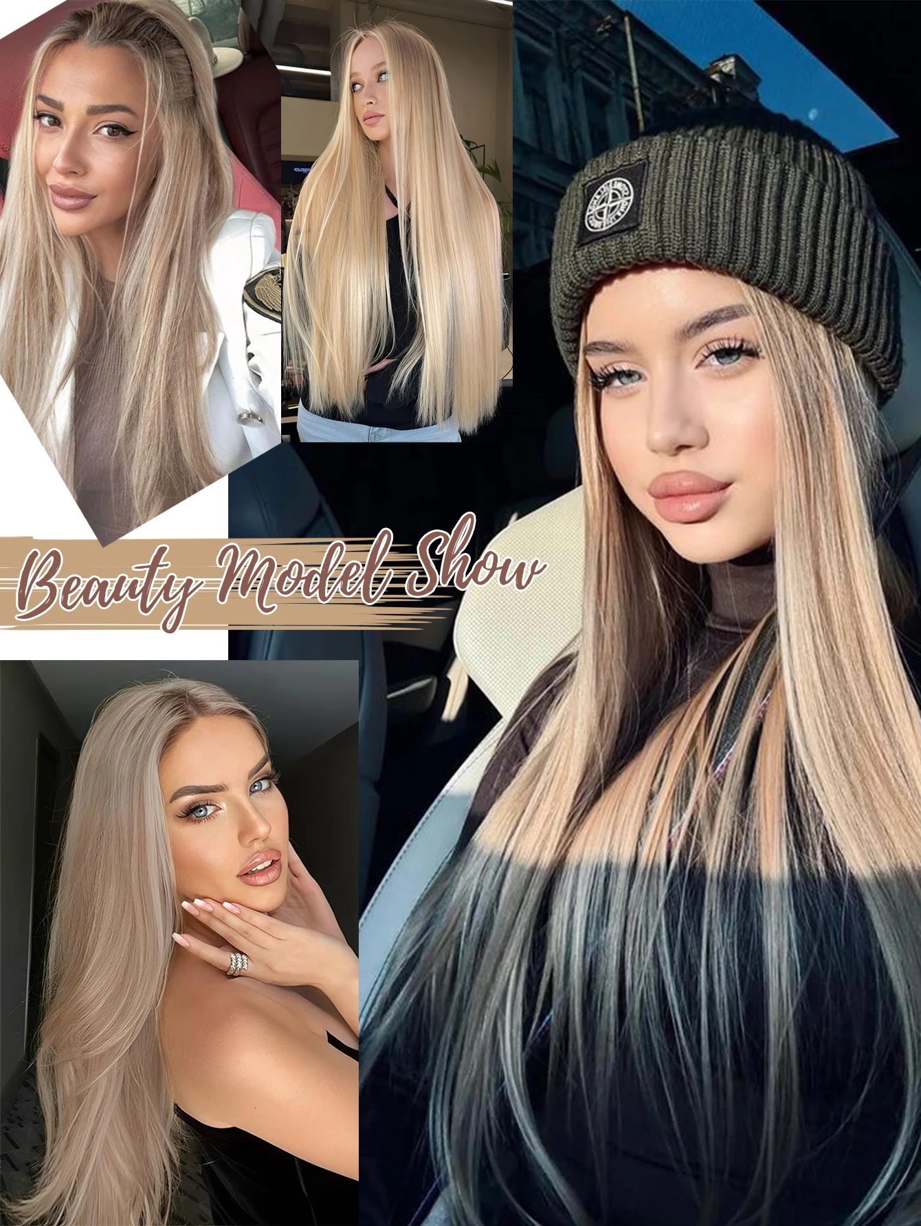 Synthetic Long Straight Wig with Bangs and Curly Ponytail