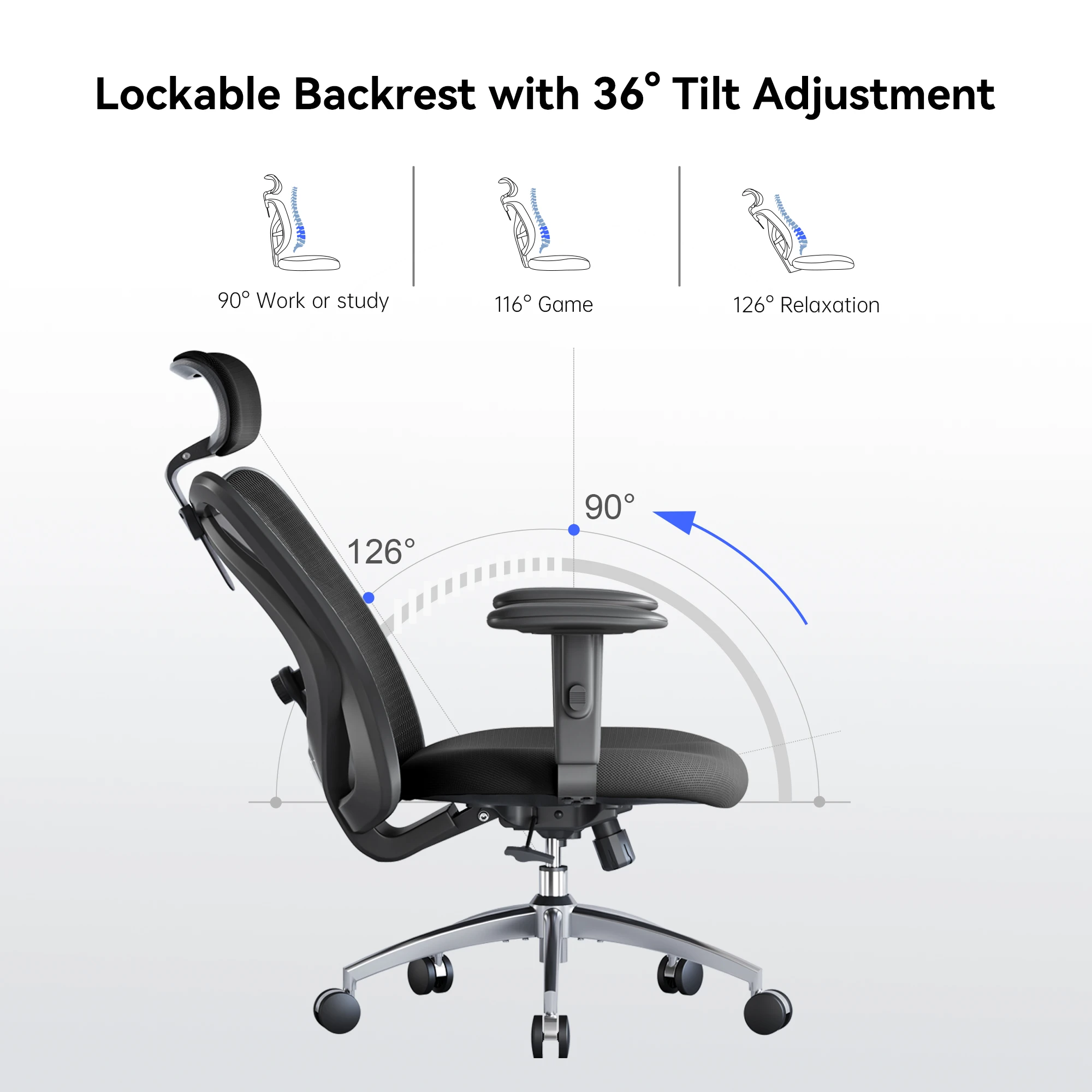 SIHOO M18 Ergonomic Office Chair for Big And Tall People Adjustable Headrest 2D Armrests Lumbar Support PU Wheels Swivel Feature 4