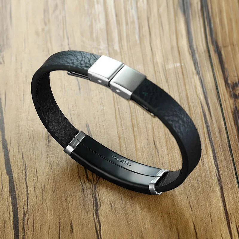 Medical Black Geruine Leather Bracelet for Men,Free Engraving Medical Alert ID Tag DIABETES Personalized  Wristband
