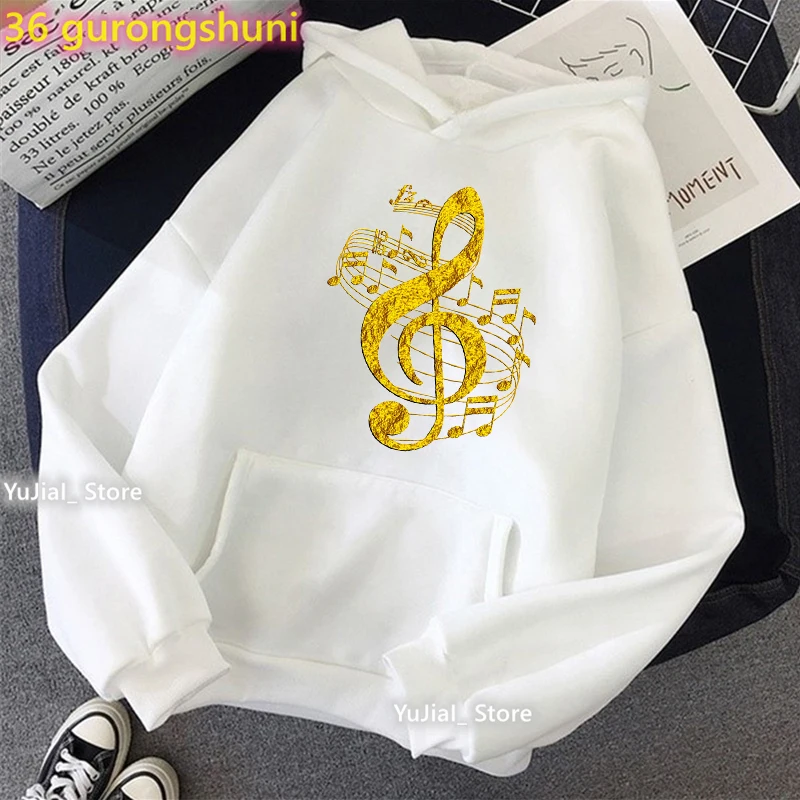 Golden Music Note Print Sweatshirt Women'S Clothing Fashion White/Pink/Gray Hoodies Long-Sleeved Tracksuit Femme Harajuku Coat find note white grid блокнот