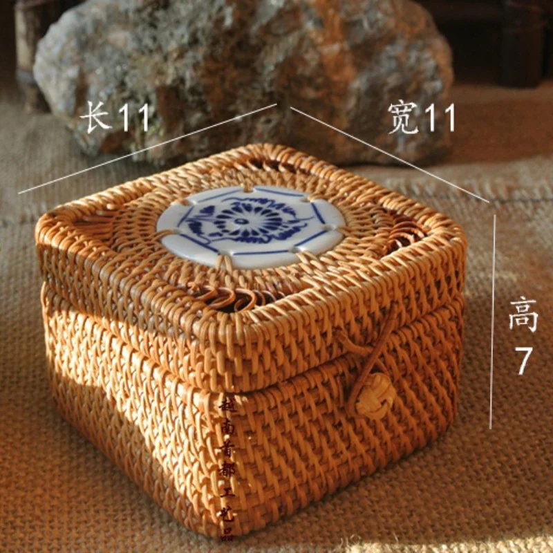 Multifunction Tea Caddy Hand Woven Rattan Storage Basket Organizadores for Sundries Jewelry Tea Ornaments Food Storage Container 5
