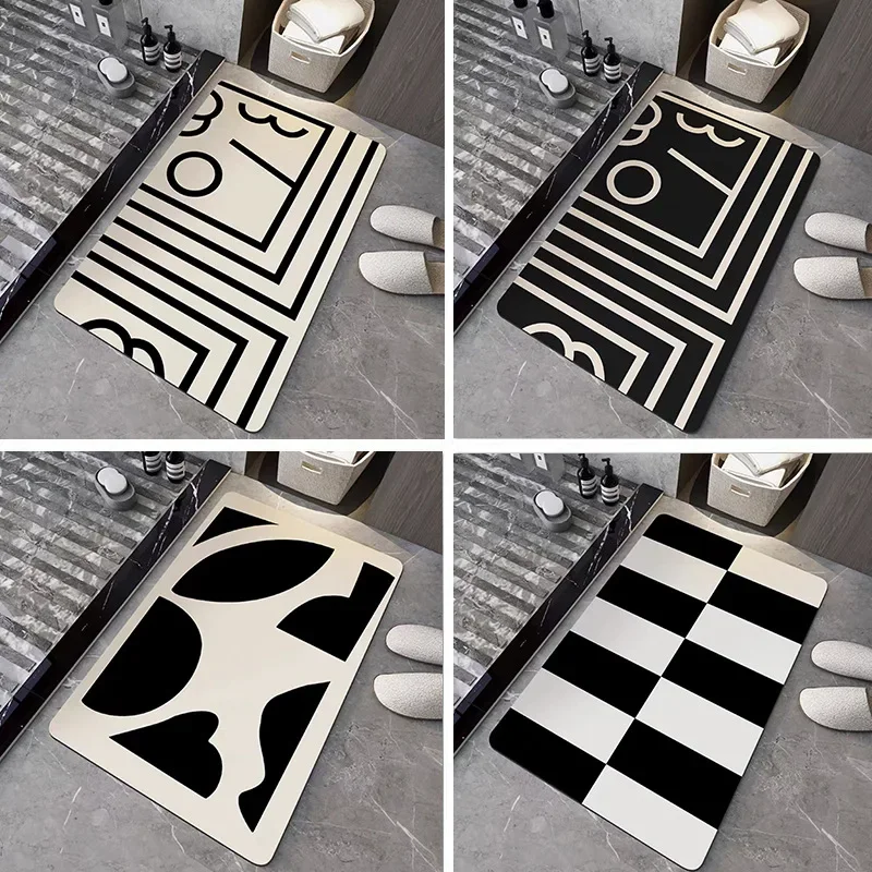 

Rug Crystal Velvet Floor Mat Bath Absorbent Non-slip Foot Mat Black and White Striped Entry Door Carpet Bathroom Floor Mat