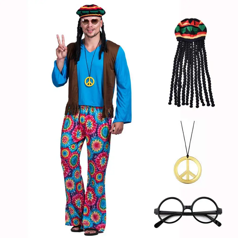 Disfraz Hippie Para Hombre – Set De Los 70 Con Chaleco Con Flecos, Peluca Con Diadema Y Gafas Para Carnaval