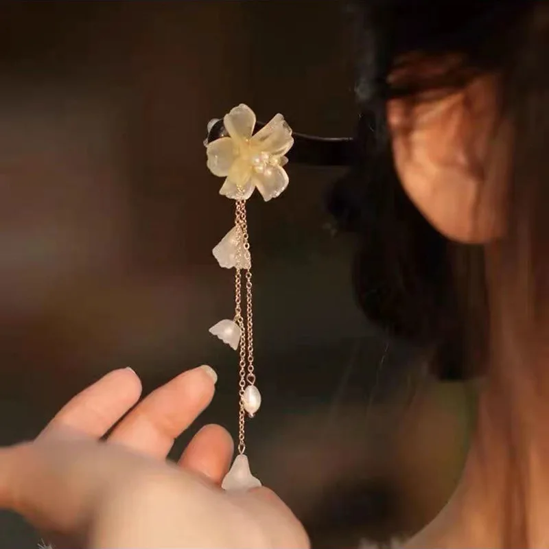 Chinesische Haarnadeln Aus Holz – Handgefertigt, Mit Blumen-Quaste, 18 Cm, Für Langes Haar, 2 Stück