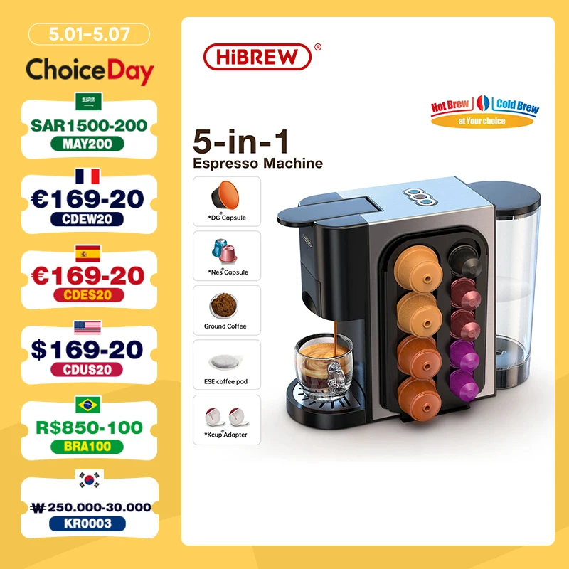 

HiBREW Coffee Machine Cafetera Hot/Cold 5in1 Multiple 19Bar Dolce Gusto Milk&Nexpresso Capsule ESE pod Ground Coffee H3A