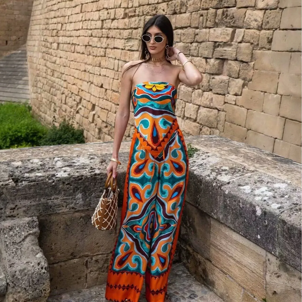 

Новые летние женские брюки и майка с винтажным принтом пейсли, женская модная облегающая уличная одежда, повседневные шикарные брюки с высокой талией