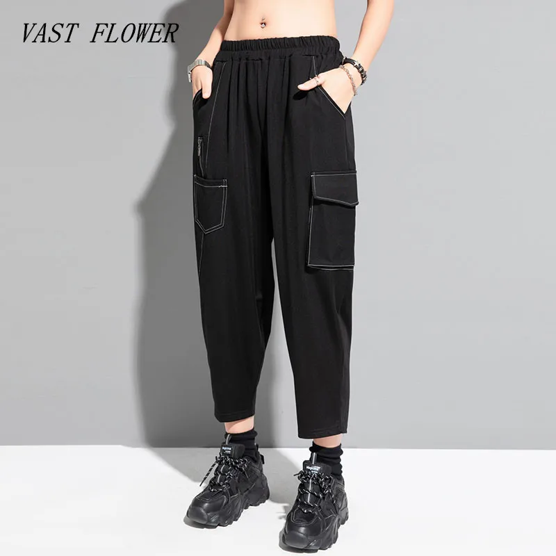 

black Vintage Elastic high Waist Pocket Casual loose summer Harem Pants Women Trousers 2023 clothes Streetwear