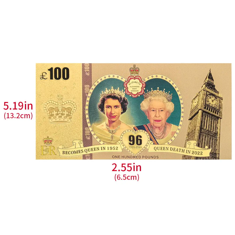 1926-Queen Elizabeth II Gold Foil Commemorative Banknotes 100Pounds Fake Money Uk Royal Family Gifts for Collection commemorative banknotes gold plated banknote fake money prop toy