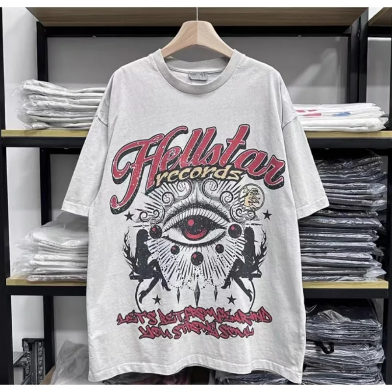 

Винтажная белая футболка Hellstar с принтом Красного алфавита, высококачественные хлопковые дышащие футболки с коротким рукавом HELLSTAR, парные Топы