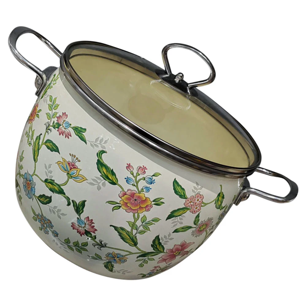 

Vintage Enamel Simmers Pot Green Floral Enamel Stock Pot Deep Enamelware Cooking Pot Stew Pot Dural Handle Milk Sauce Pot