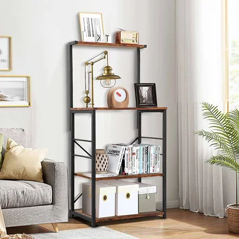 4Tier Wood Kitchen Storage Stand Bakers Rack Shelf With 4 Shelves Microwave Farmhouse Rustic Industrial Style X Design Frame