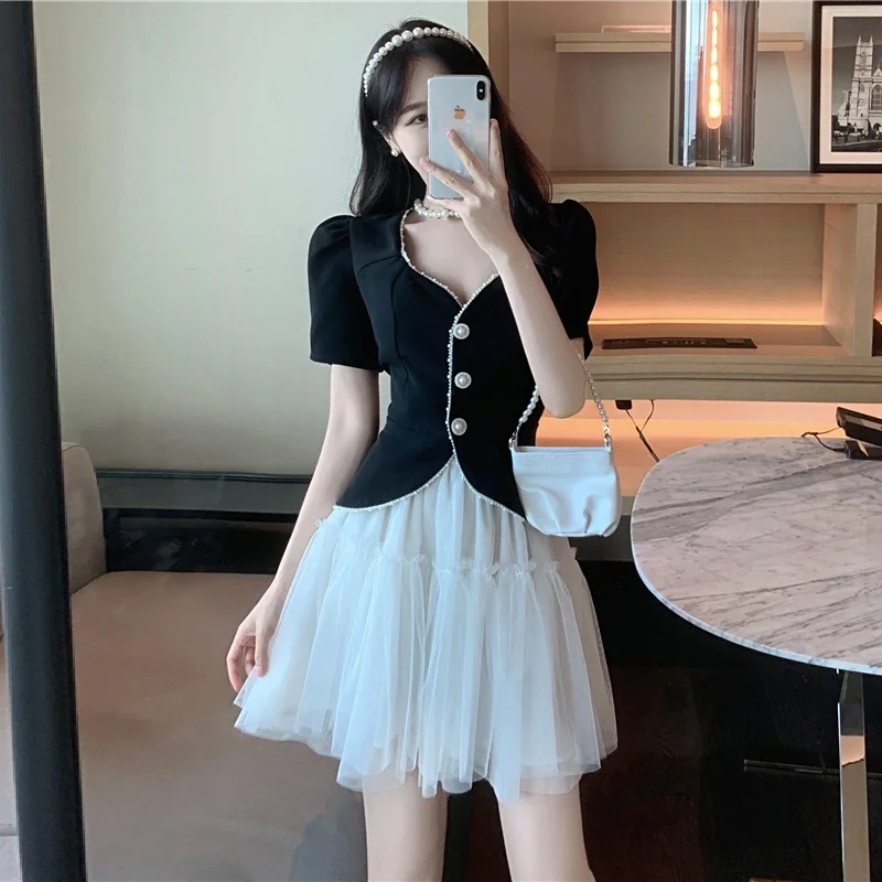 High Quality Vintage Tulle Skirt 2 Piece Sets Women Elegant Beaded V Neck Puff Sleeve Blouse Shirts+Mini Mesh Skirt Suits Female blouses merry christmas reindeer mesh v neck blouse in white size l m xl