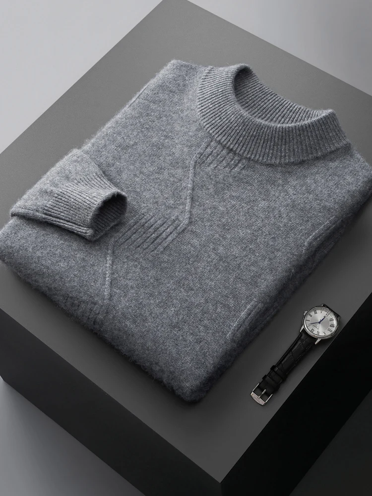 100%Pure Cashmere Long Sleeve Sweater Men's Loose Half Turtleneck Jacquard Pullovers Autumn Winter Youth Top High-End Knit Shirt