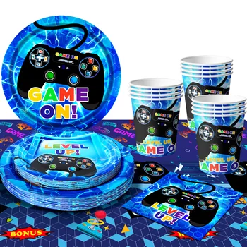Gamer Birthday Decorations Blue, 65pcs Gaming Party Tableware Set - Game Themed Party Plate Cups Napkins Tablecloth etc 1