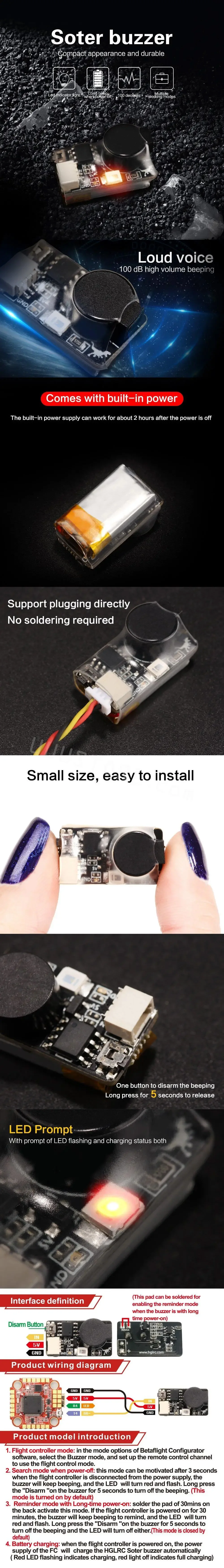 HGLRC Soter Summer FPV Drone Alarm Verloren Modell Beeper Finder 5V LED Licht 22x12x12mm für RC FPV Freestyle Drone Quadcopter – Detail 1