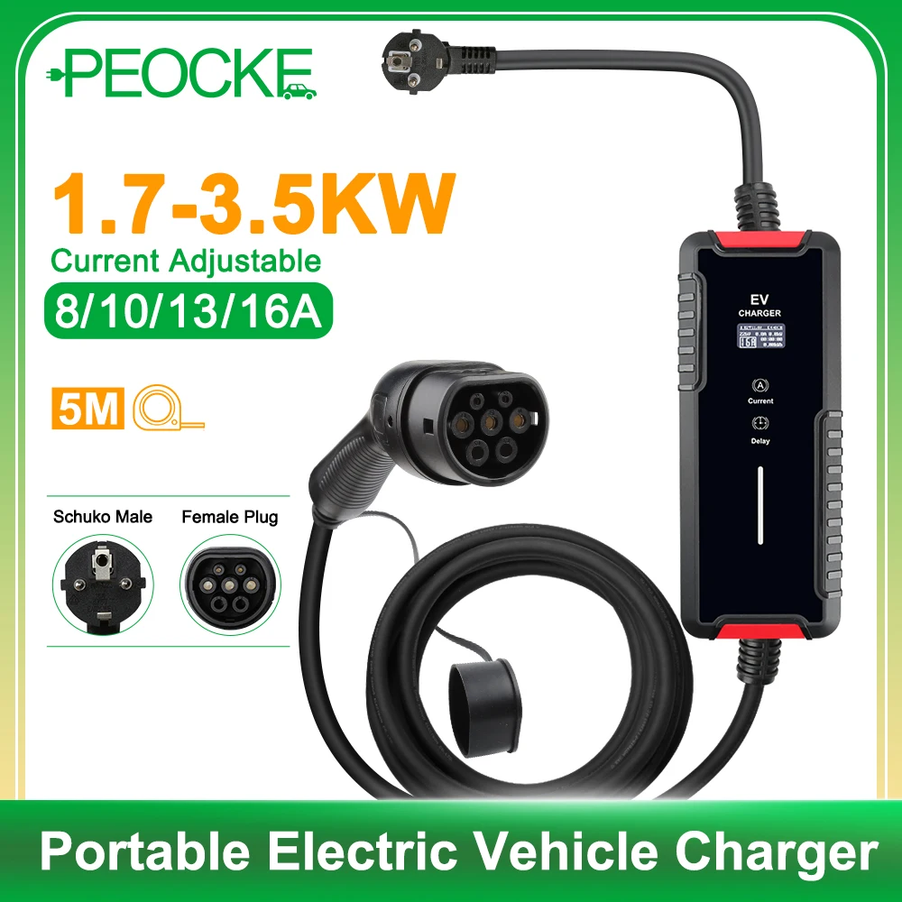 Portable EV charger,Schuko (wall socket) to Type 2 (car),16A