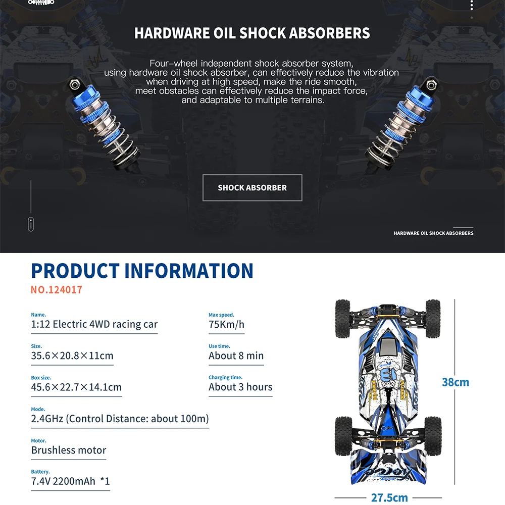 Electric High Speed RC Car 4WD Vehicle Blue