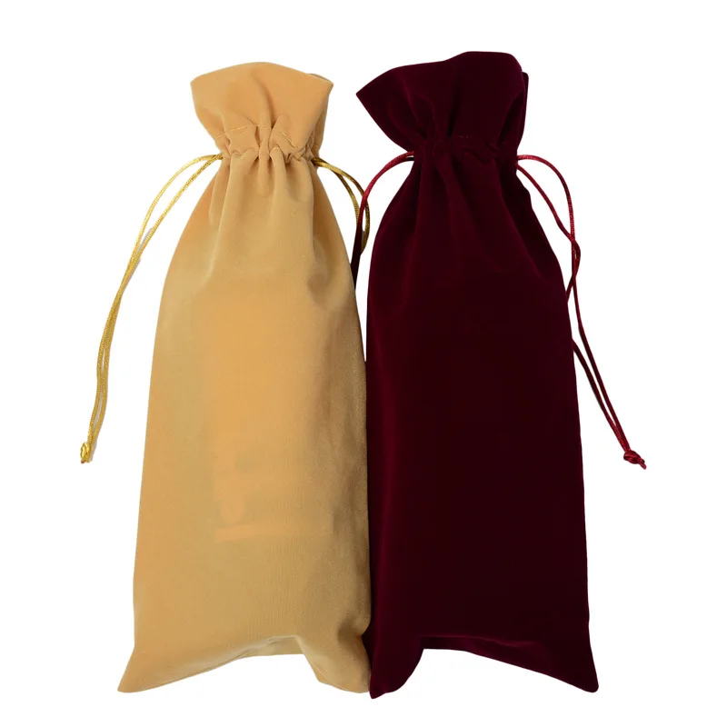 20 PCS/Lot 16x38cm Big Size Velvet Red Wine Bottle Bags Drawstring Wedding Party Gift Packaging Bag Custom Logo Print
