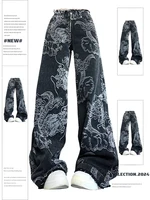 Women Black Gothic Dragon Print Jeans Baggy Vintage Aesthetic Cowboy Pants Harajuku Denim Trousers Y2k Trashy 2000s Clothes 2024