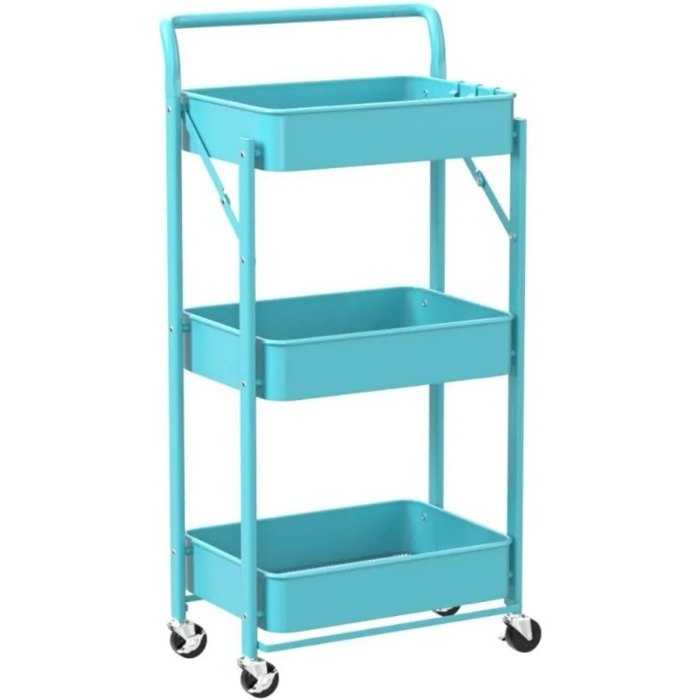 Foldable Storage Cart 3 Tier Rolling Cart with Wheels No Assemble Required Metal Utility Kitchen Cart Folding Shelves 4
