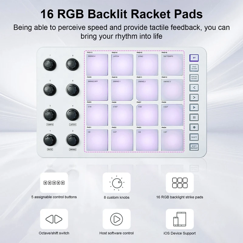 M-VAVE MIDI Controller Strike Pad Kit RGB Backlight MIDI Keyboard BT Connection Low Latency 3.5Mm Output Interface Pad Kit