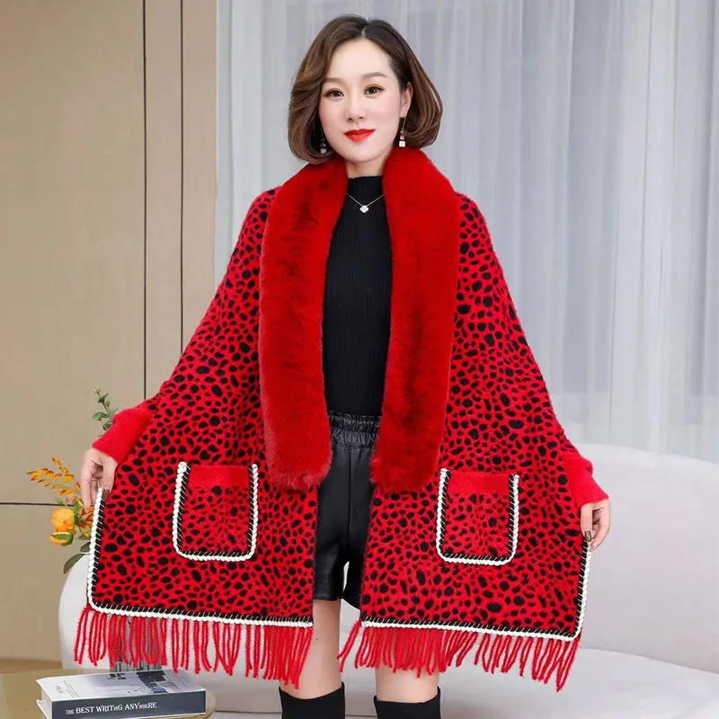 

Autumn Winter New Imitation Mink Imitation Wool Collar Knitted Shawl Women Tassels Poncho Lady Capes Red Cloaks