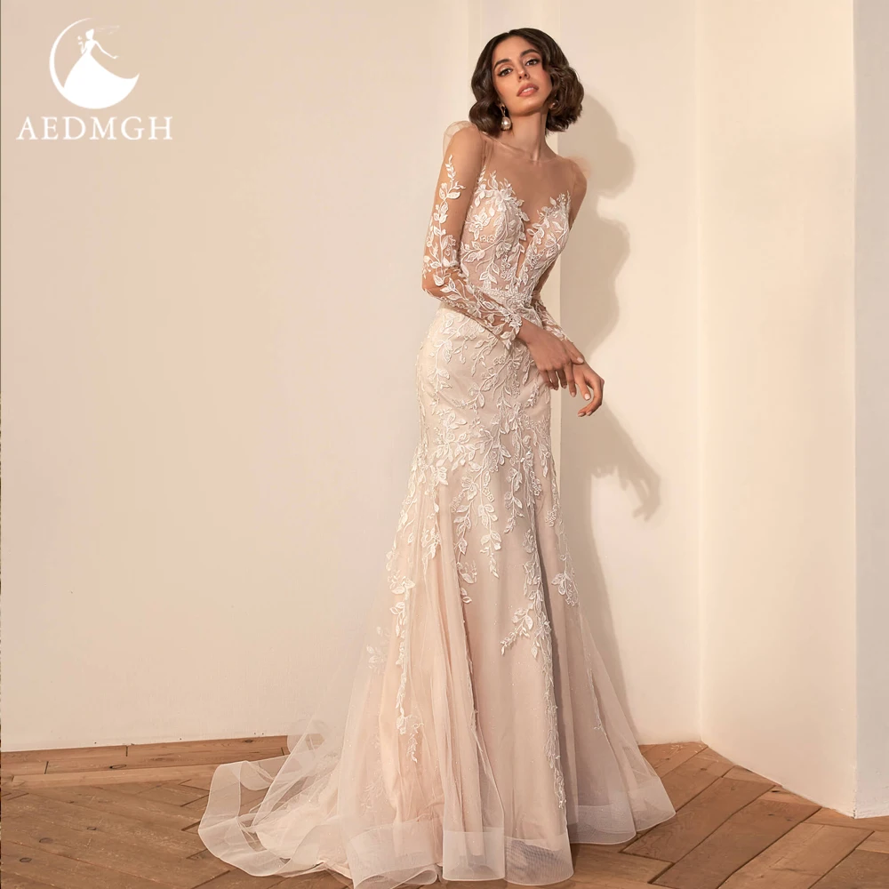 

Aedmgh Mermaid Wedding Dresses 2024 O-Neck Long Sleeve Vestido De Novia Appliques Sweep Train Sheath Elegant Robe De Mariee